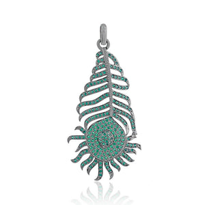 Genuine Pave Chrome Diopside 925 Silver Peacock Feather Pendant Jewelry PEMJ-878