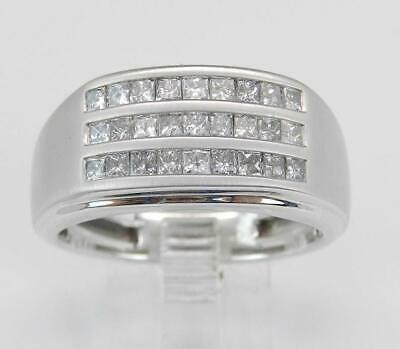 10k White Gold Over Princess Cut Diamond Wedding Band Three Row Ring 1.00 CT