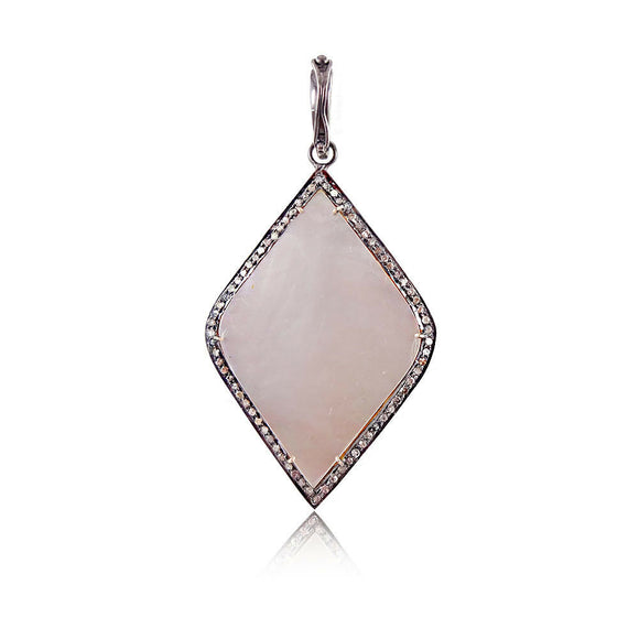 925 Sterling Silver Pink Rose Quartz Gemstone Pave Set Diamond Pendant Jewelry