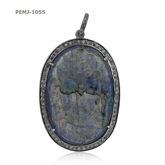 Natural Labradorite Pave Diamond 925 Silver Buddha Pendant Jewelry PEMJ-1055