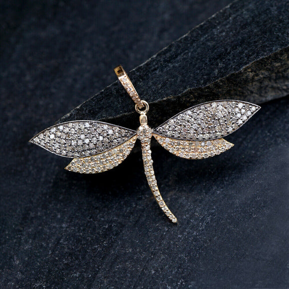 14k Yellow Gold Natural Pave Diamond Dragonfly Pendant 925 Silver Insect Jewelry