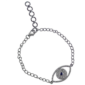 Natural Pave Diamond Sapphire Evil Eye Chain Bracelet Silver Religious Jewelry