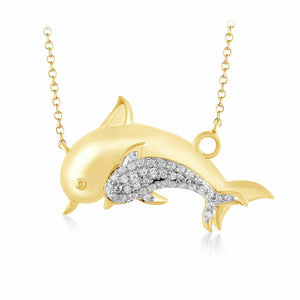 1/10 Ct Pave Diamond Mom & Baby Dolphin Pendant Necklace 16" 10k Yellow Gold FN