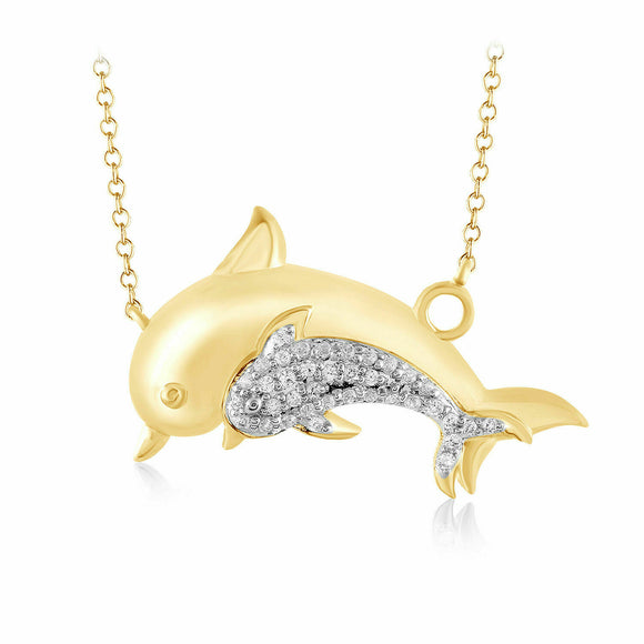 1/10 Ct Pave Diamond Mom & Baby Dolphin Pendant Necklace 16