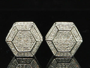 Mens 10K White Gold Over 1.00 ct Diamond Studs 3D Cubes Block Earrings Hexagon