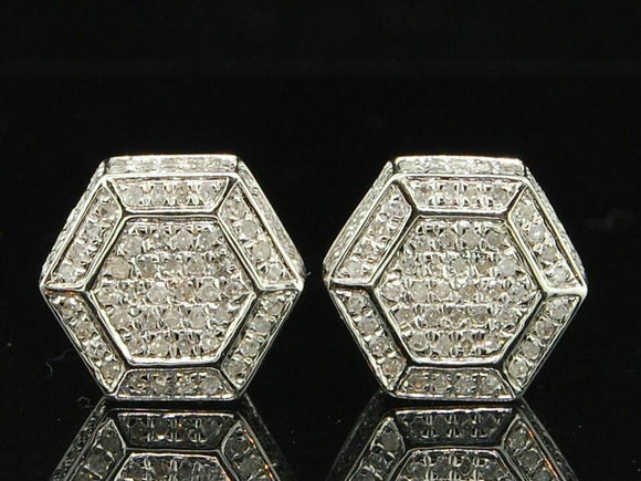 Mens 10K White Gold Over 1.00 ct Diamond Studs 3D Cubes Block Earrings Hexagon