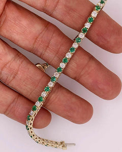 14k Yellow Gold Over 5.0 CT Solitaire Round Diamond & Emerald 7" Tennis Bracelet