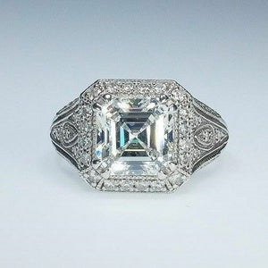 Asscher Moissanite Ring 3.08 Ct Near White Engagement Ring 925 Sterling Silver