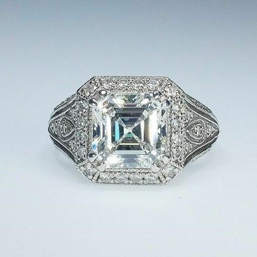 Asscher Moissanite Ring 3.08 Ct Near White Engagement Ring 925 Sterling Silver