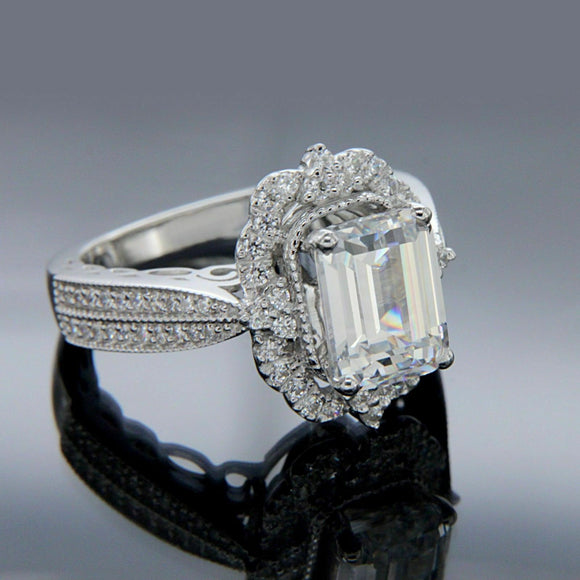 2.50CT Emerald Cut Diamond Halo Vintage Style Engagement Ring 14k White Gold FN