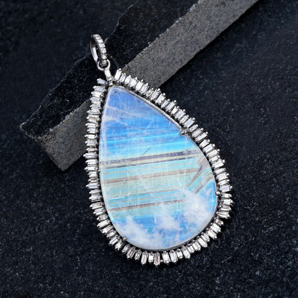 Natural Moonstone Baguette Diamond 925 Silver 18