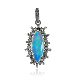 925 Silver Gorgeous Opal Gemstone Baguette Diamond Pendant Jewelry PEMJ-1150