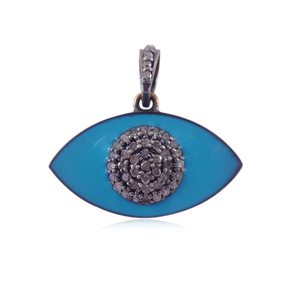 Blue Enamel Pave Diamond Evil Eye Pendant 925 Sterling Silver Handmade Jewelry