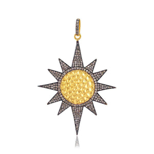 Natural Pave Diamond 925 Silver Gold Plated Starburst 16" Chain Pendant Jewelry