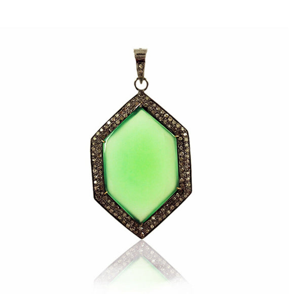 Classic Pave Diamond Green Onyx Gemstone Rhombus Shape Silver Pendant Jewelry