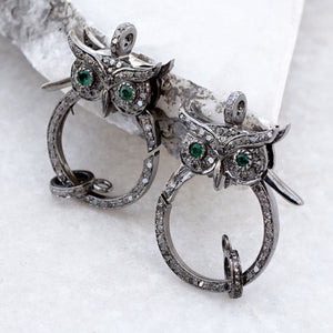 Natural Pave Diamond Emerald Lobster Clasp Owl Finding 925 Silver Animal Jewelry