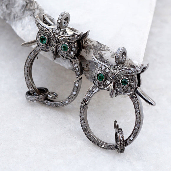 Natural Pave Diamond Emerald Lobster Clasp Owl Finding 925 Silver Animal Jewelry