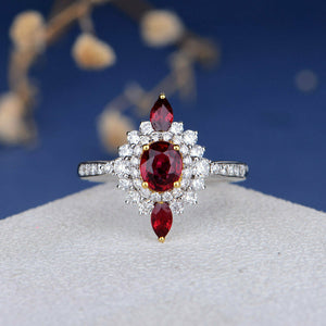 Diamond Cluster Ring 1.40CT 14k White Gold FN Oval Ruby Cocktail Engagement Ring