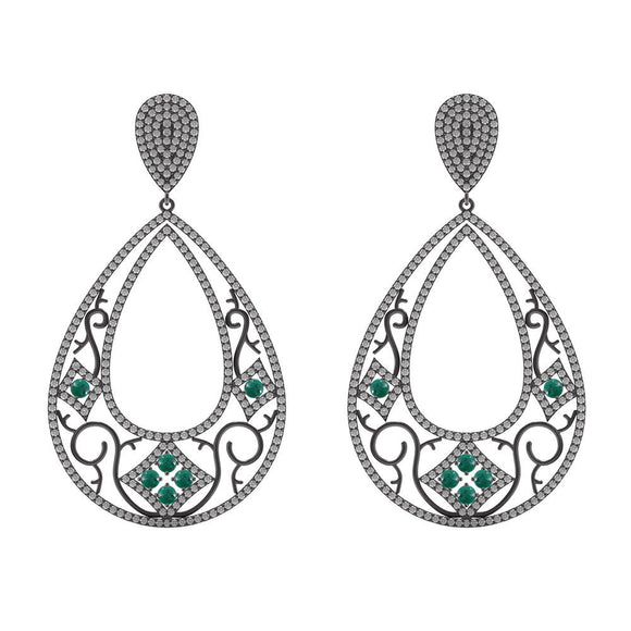 Natural Pave Diamond Green Emerald 925 Sterling Silver Antique Earrings Jewelry