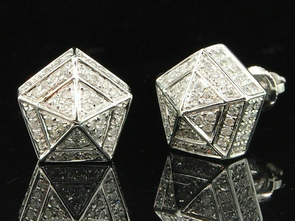 Diamond 3D Pentagon Earrings 10K White Gold Over Round Pave Set Studs 0.60 Tcw