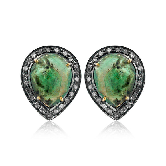 Genuine Green Emerald 925 Silver Pave Diamond Stud Earrings Jewelry EAMJOS-794