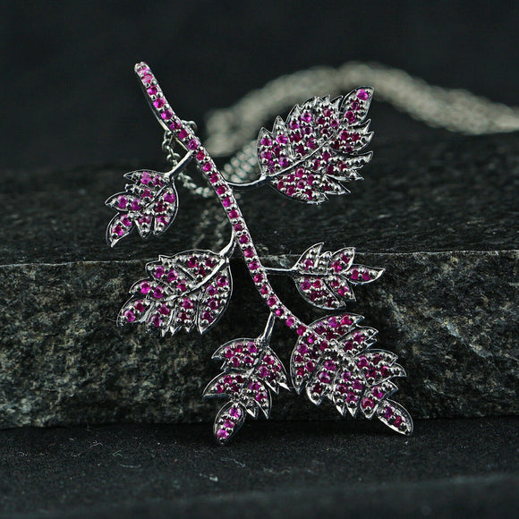 Genuine Pave Ruby Gemstone Leaf Pendant 925 Sterling Silver Handmade Jewelry