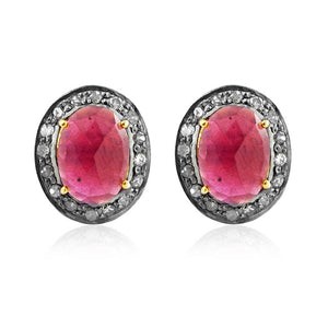 Fabulous Red Ruby Pave Diamond 925 Silver Oval Stud Earrings Jewelry EAMJOS-789