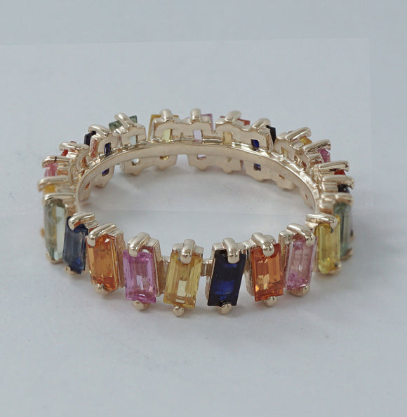 14k Yellow Gold Natural Baguette Multi Sapphire Band Ring Wedding Fine Jewelry