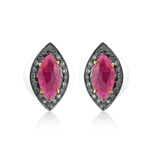 Genuine Pink Ruby Pave Diamond 925 Silver Stud Earrings Fine Jewelry EAMJOS-796