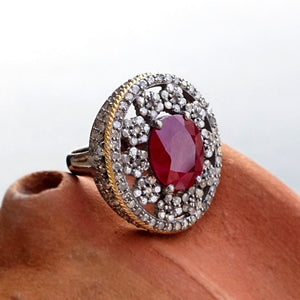 Natural Red Ruby Pave Diamond 925 Silver Victorian Ring Jewelry Size 7 RIMJ-626