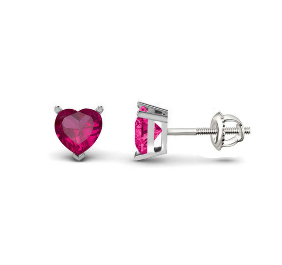 10kt White Gold Over Women Heart Cut Created Ruby Solitaire Stud Earrings 1.0 CT