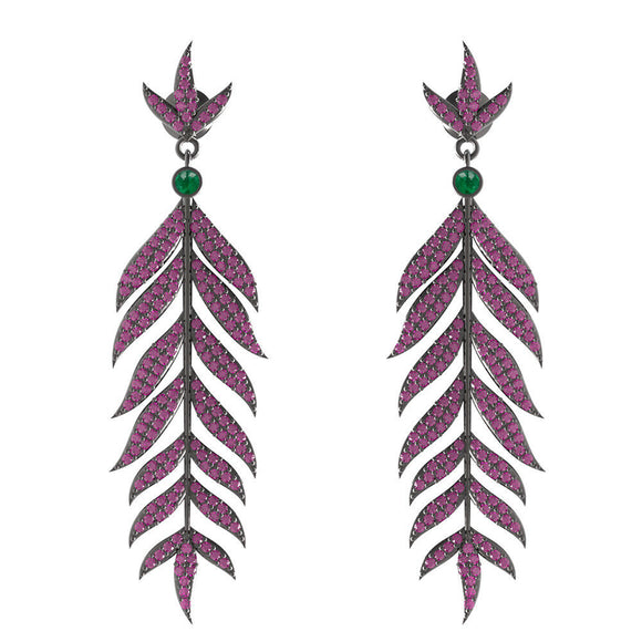 3.78ct Natural Pave Ruby Emerald Gemstone 925 Solid Silver Leaf Earrings Jewelry