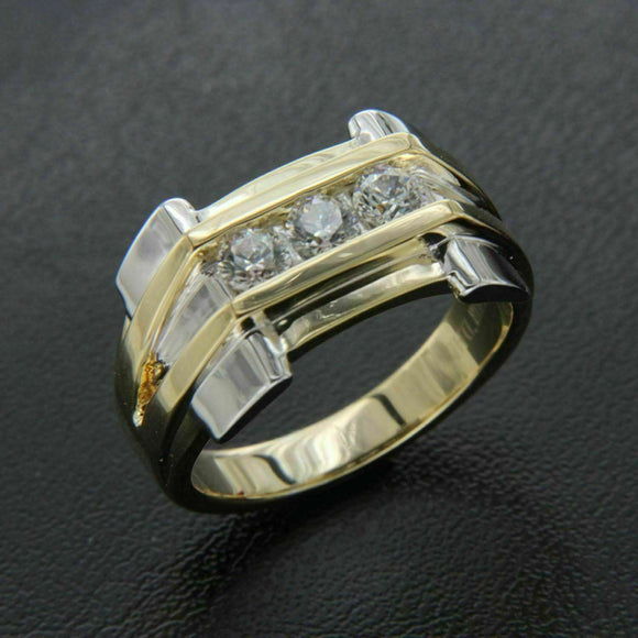 Men's 1.50 ct Diamond Three Stone Wedding Band Ring With 14K Two Tone Gold Over