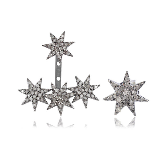 Genuine Pave Setting Diamond 925 Sterling Silver Star Ear Cuff Earrings Jewelry