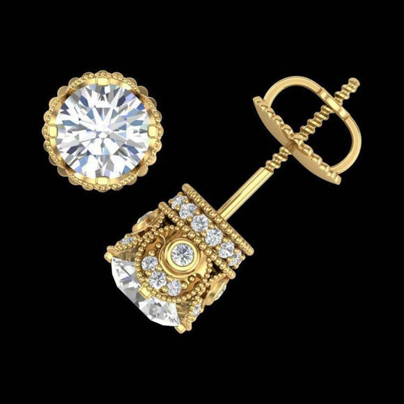 1.80 Ct Round Cut Diamond Solitaire Vintage Studs Earrings In 14k Yellow Gold Fn