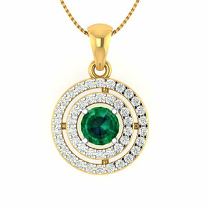 1.50 CT Round Green Emerald Double HALO Pendant W/ Chain 14k Yellow Gold Finish