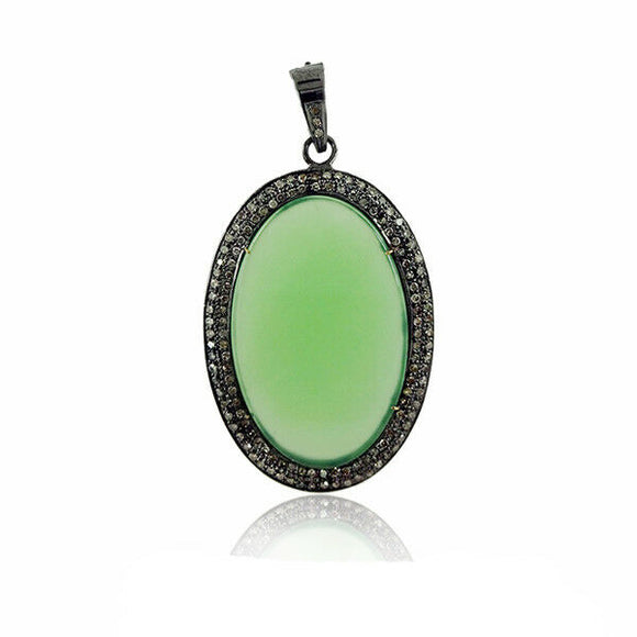 20.3ct Chrysoprase 1.6ct Pave Diamond Fine 925 Silver Oval Shape Pendant Jewelry