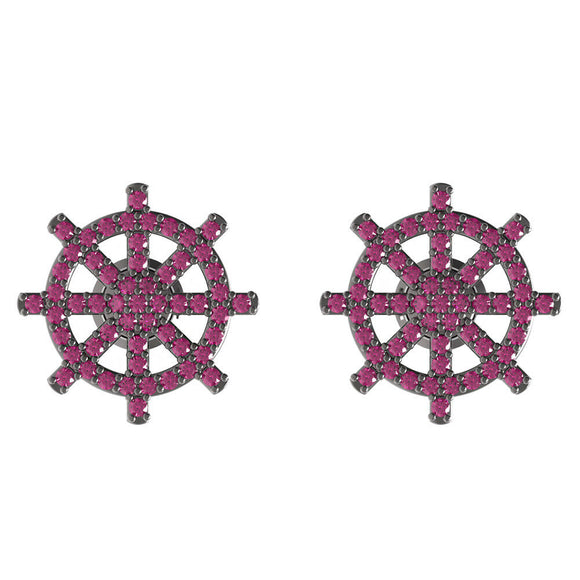 1.1cts Pave Ruby Gemstone 925 Sterling Silver Ship Wheel Stud Earrings Jewelry