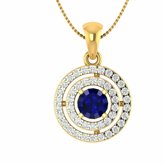 1.50 CT Round Blue Sapphire Double HALO Pendant W/ Chain 14k Yellow Gold Finish