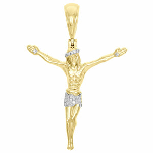 10K Yellow Gold Over Diamond Jesus Full Body Crucifix Pendant 1.7" Charm 1/20 CT