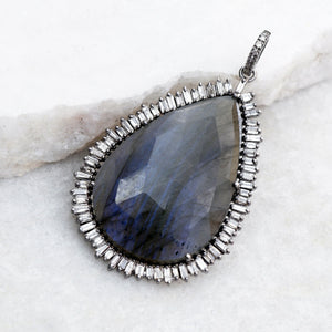 Natural Baguette Diamond Labradorite Pendant 925 Silver 18" Link Chain Jewelry