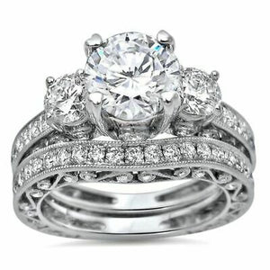 14k White Gold Over Bridal Set 3.50 CT 3 Stone Engagement Wedding Diamond Ring