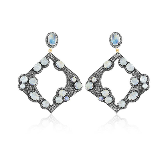 Natural Rainbow Moonstone Diamond 925 Solid Silver Earrings Jewelry EAMJ-704