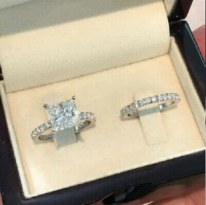 3 Ct Princess Cut Diamond 14K White Gold Fn Solitaire Bridal Set Engagement Ring