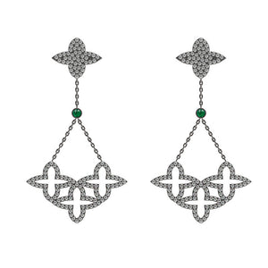 Natural Pave White Diamond Emerald 925 Silver Flower Dangle Earrings Jewelry