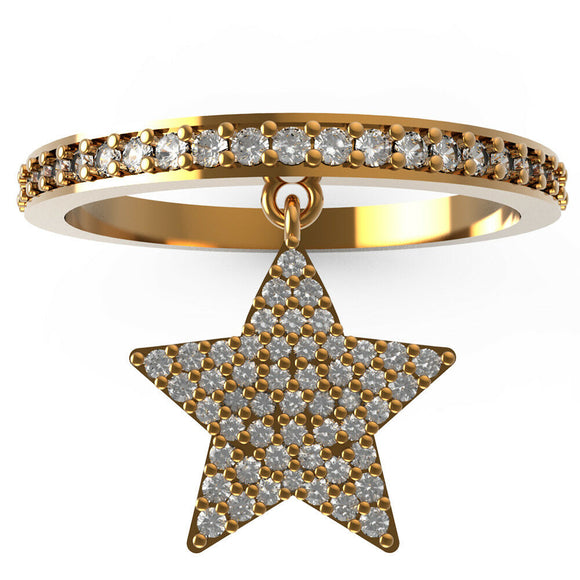 Solid 14k Yellow Gold Genuine Pave White Diamond Star Band Ring Jewelry Size 7