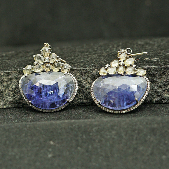 14k Gold Pave Diamond Multi Sapphire Tanzanite Earrings Solid 925 Silver Jewelry