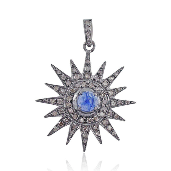 Genuine Pave Diamond Sapphire 925 Silver Starburst Pendant Jewelry PEMJOS-388