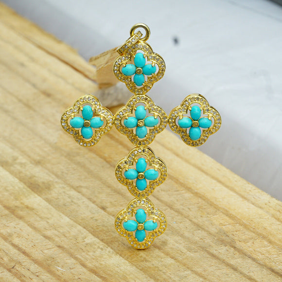 Gold Plating Genuine Pave Diamond Turquoise CROSS Pendant Solid Silver Jewelry