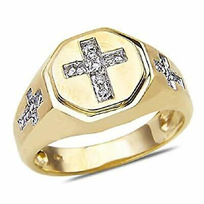 10K Mens Yellow Gold Over 925 Silver Cross Round Prong Diamond Fashion Band Ring